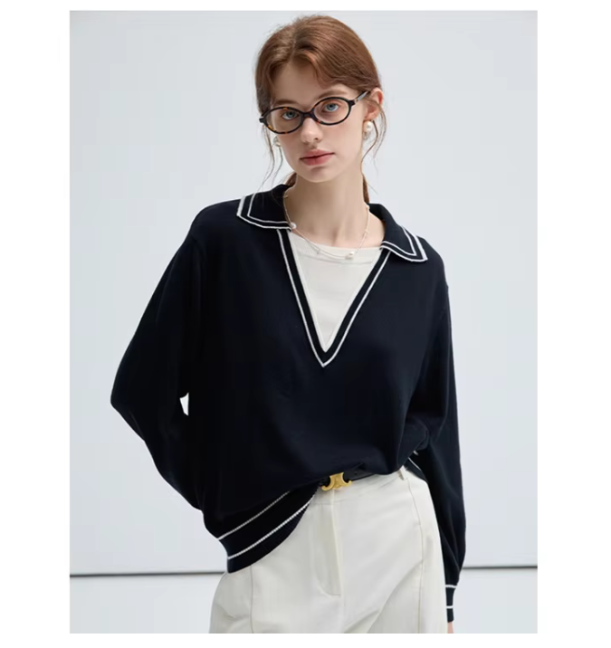 New Preppy Style Patchwork Two-Piece Long Sleeve Knit Top