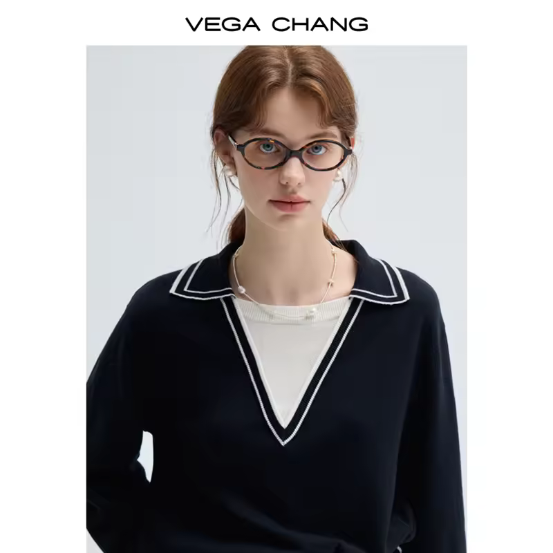 New Preppy Style Patchwork Two-Piece Long Sleeve Knit Top - 图片 3